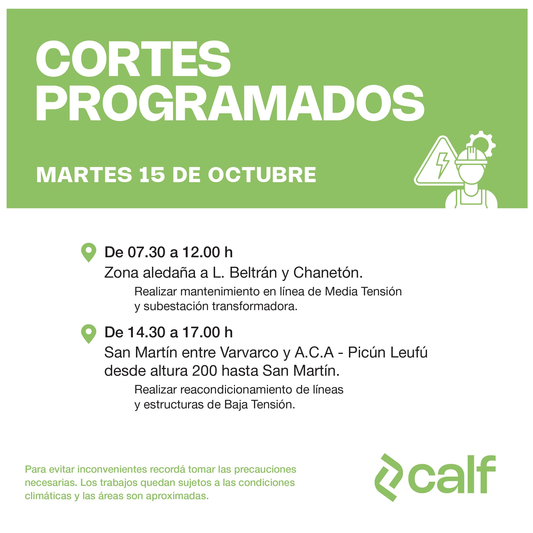 Lee más sobre el artículo Trabajos programados para el martes 15 de octubre