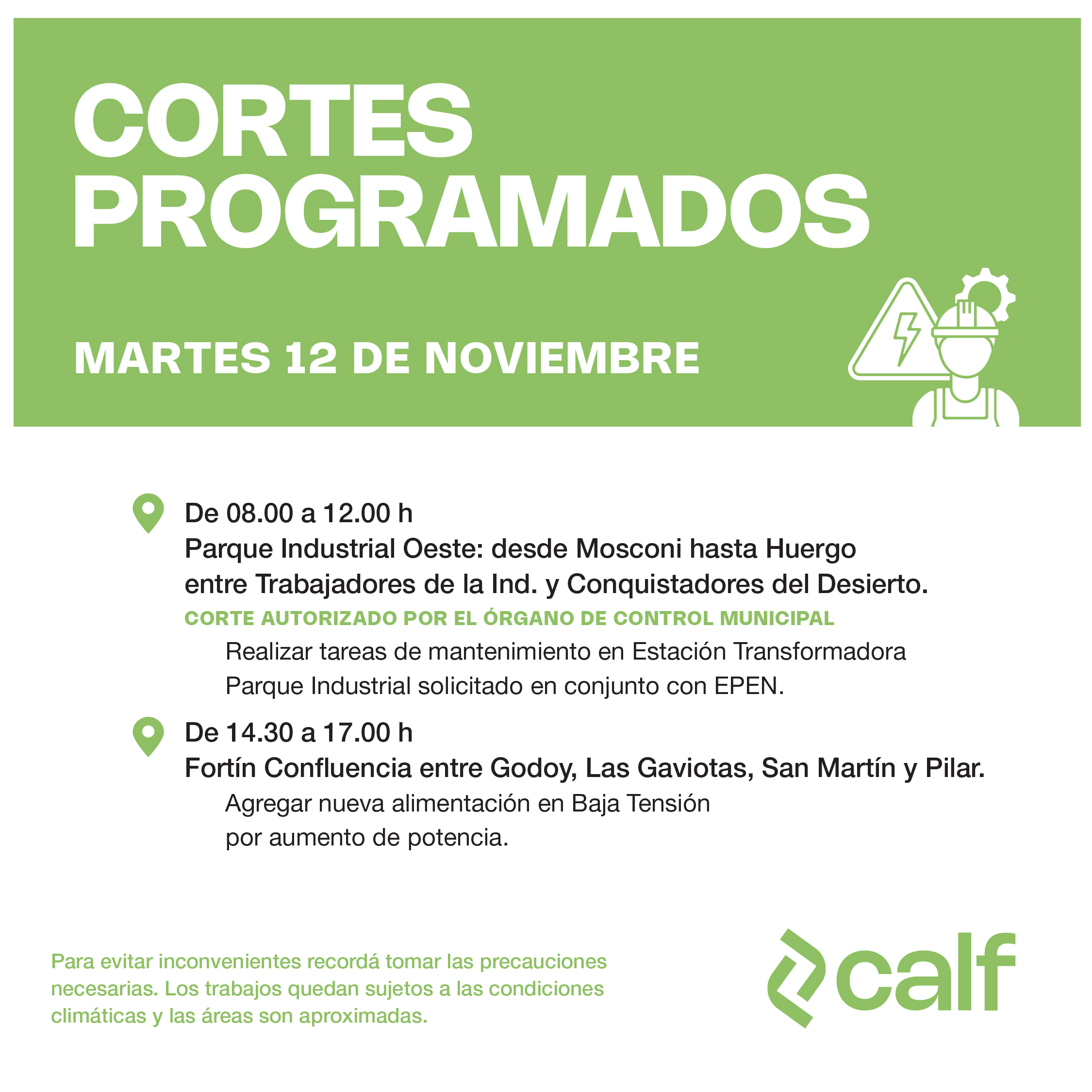 Lee más sobre el artículo Trabajos programados para el martes 12-11