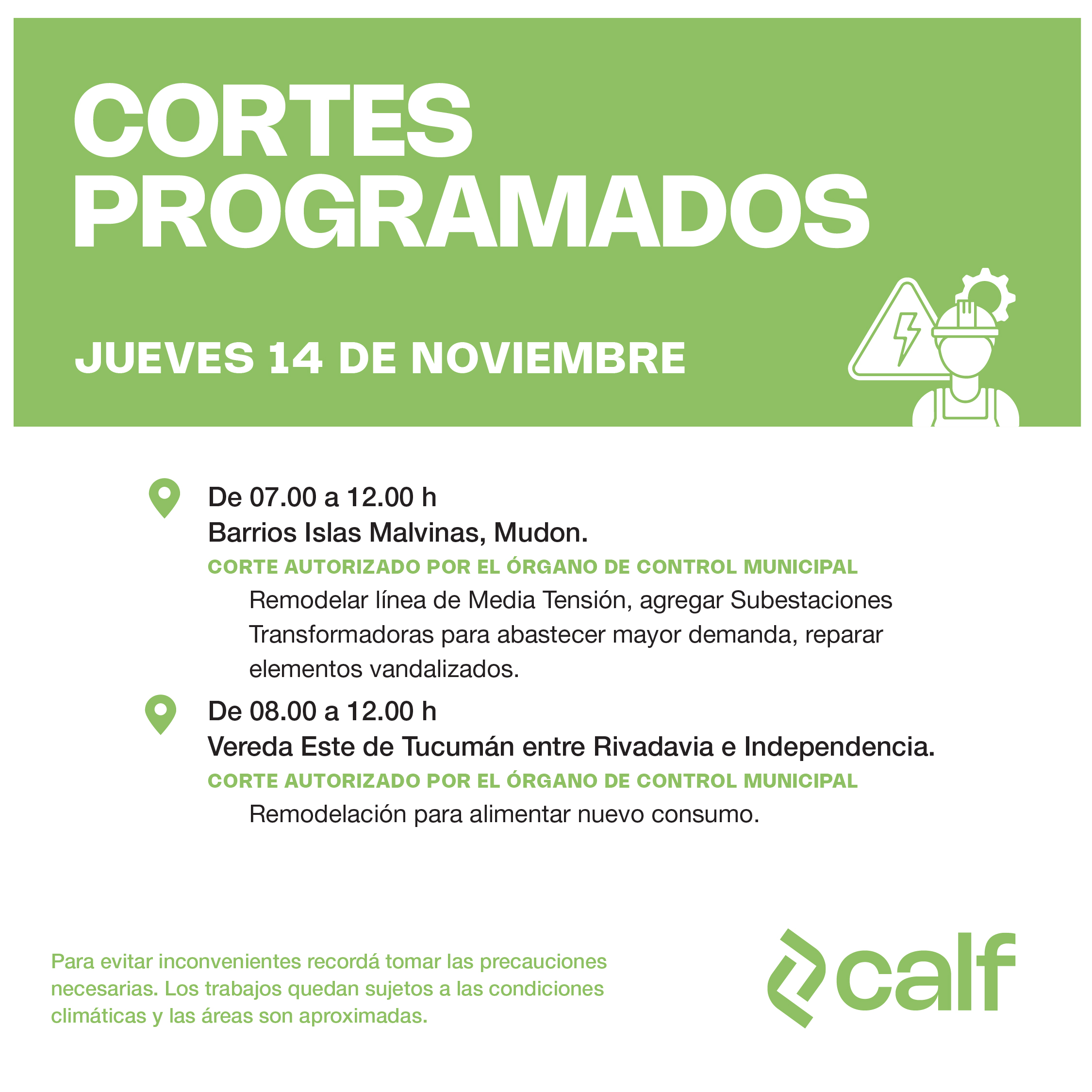 Lee más sobre el artículo Obras programadas para el jueves 14-11